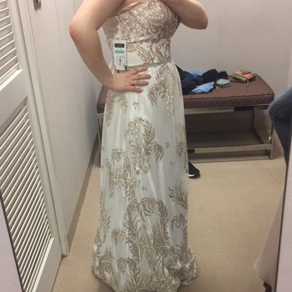 White and Gold Sparkly Prom Dress
